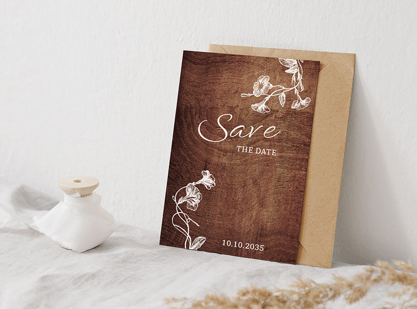 Photo d'une carte save the date posée contre un mur avec son enveloppe kraft. La carte est simple, au format portrait, donc couleur et motif bois, motifs floraux, texte "Save the date" au centre et la date du mariage en bas. 