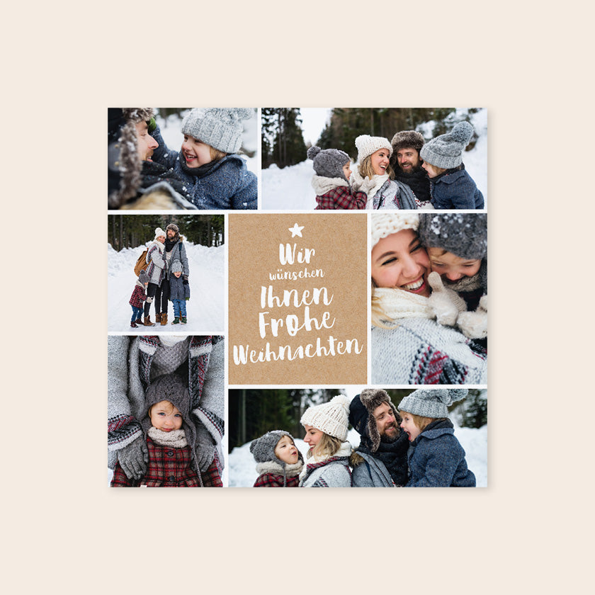 Einfache quadratische Foto-Weihnachtskarte mit sechs Familienfotos und einem Text auf Kraftgrund in der Mitte „Wir wünschen Ihnen ein frohes Weihnachtsfest“.